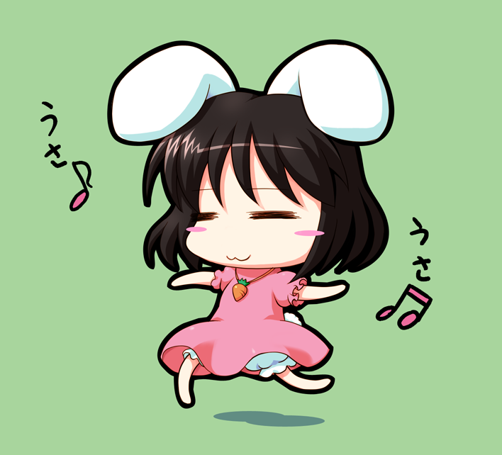 :3 =_= animal_ears bloomers blush_stickers brown_hair bunny_ears bunny_tail carrot chibi inaba_tewi jewelry musical_note nekokichi pendant simple_background solo tail touhou translated underwear