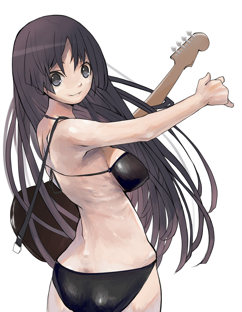 akiyama_mio bikini black_bikini black_eyes black_hair guitar instrument k-on! long_hair looking_back solo swimsuit waa