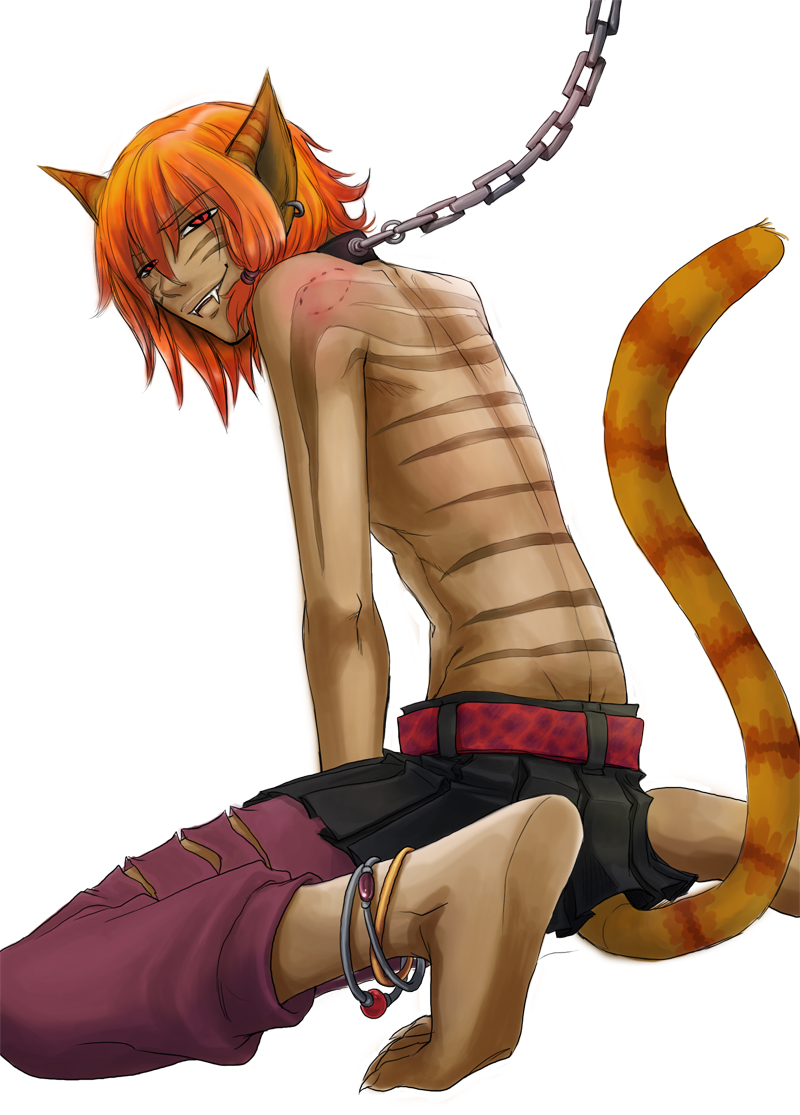 animal_ears anklet araihime bite_mark cat_ears cat_tail catboy chains claws collar earrings fangs jewelry leash male male_focus petboy simple_background slave solo tail tattoo white_background