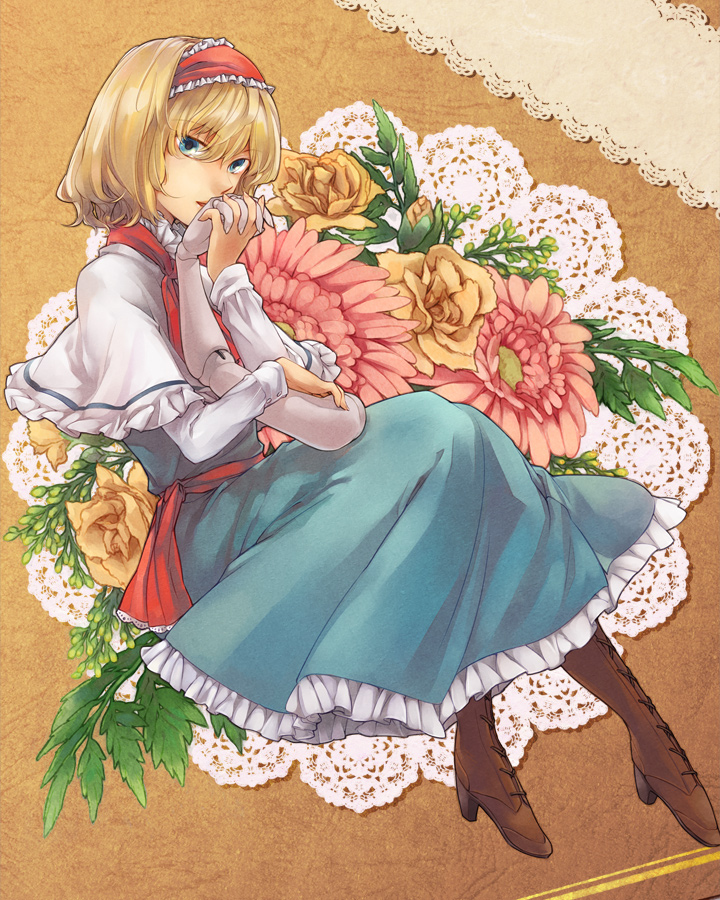 alice_margatroid arm blonde_hair blue_eyes boots capelet carnation cross-laced_footwear disembodied_limb doily doll_joints floral_background flower hairband lace-up_boots lace_background looking_at_viewer nakatani_nio rose short_hair solo touhou yellow_flower yellow_rose