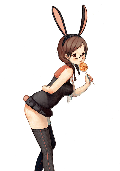 animal_ears bad_id bad_pixiv_id bunny_ears bunny_tail candy copyright_request fake_animal_ears food glasses licking lollipop sakana_kaeru school_uniform serafuku solo tail thighhighs