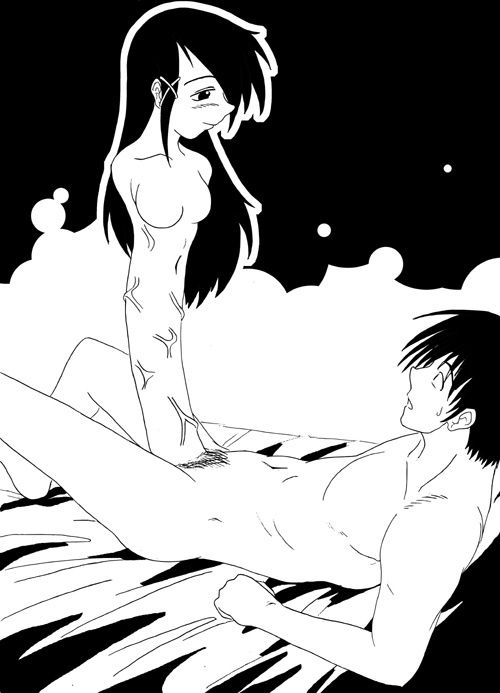 bed black_hair blush bottomless breasts gamera huge_penis long_hair lying male monochrome navel no_arms nude pubic_hair short_hair smile topless transformation veiny_penis what