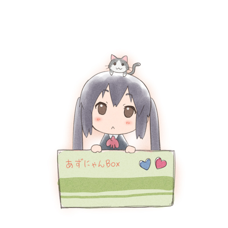 :&lt; :3 animal animal_on_head black_hair blazer box brown_eyes cat cat_on_head chibi errant heart in_box in_container jacket k-on! nakano_azusa on_head school_uniform simple_background solo twintails