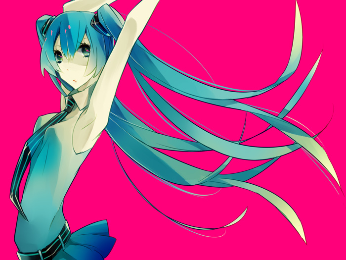 aqua_eyes aqua_hair armpits arms_up bad_id bad_pixiv_id hatsune_miku long_hair necktie simple_background solo twintails very_long_hair vocaloid