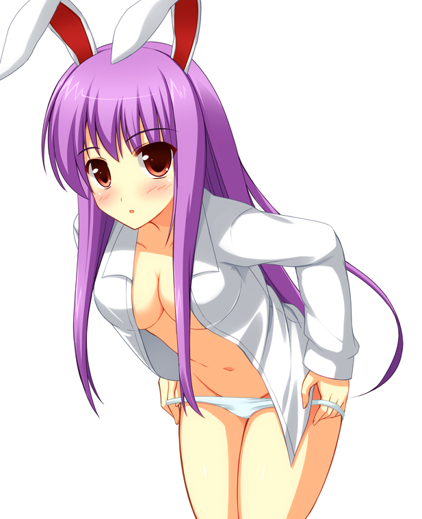 animal_ears ash_(pixiv) breasts bunny_ears cleavage dress_shirt long_hair medium_breasts no_bra no_pants open_clothes open_shirt panties panty_pull purple_hair red_eyes reisen_udongein_inaba shirt solo touhou underwear undressing very_long_hair