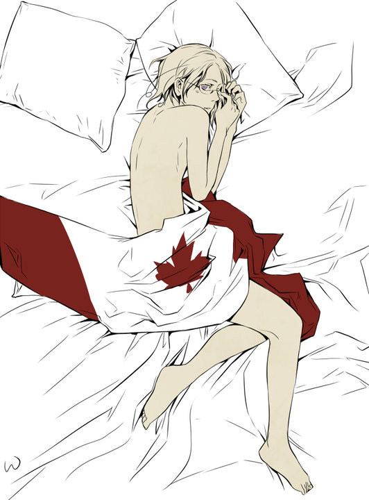 1boy axis_powers_hetalia canada_(hetalia) flag flat_color full_body male male_focus nude partially_colored solo white_background