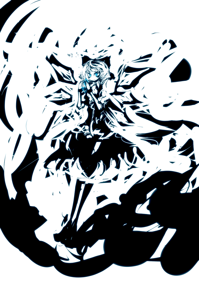 abstract bad_id bad_pixiv_id blue_eyes bow cirno f7(eiki) highres short_hair solo spot_color touhou wings