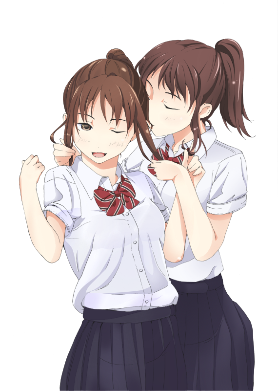 brown_hair closed_eyes couple kajiki mouth_hold multiple_girls original ponytail school_uniform yuri