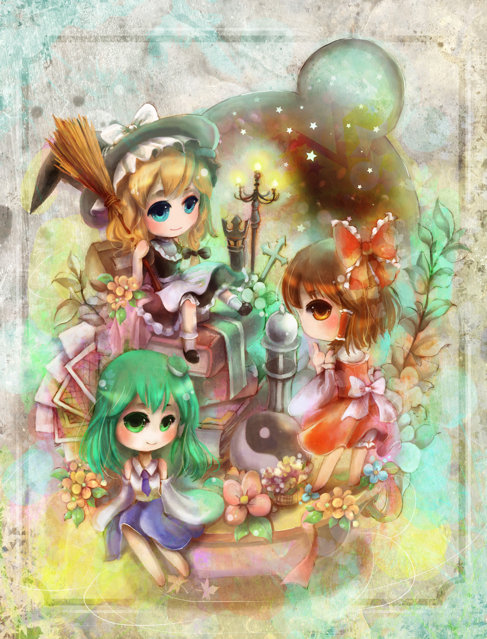 bad_id bad_pixiv_id broom card card_(medium) chibi flower hakurei_reimu hat highres kira07 kirisame_marisa kochiya_sanae leaf lying_card multiple_girls playing_card profile touhou witch witch_hat yin_yang