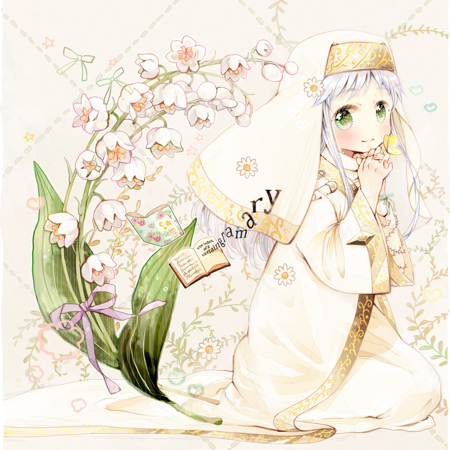 bad_id bad_pixiv_id banned_artist book flower green_eyes index lily_of_the_valley long_hair matoba nun praying silver_hair solo to_aru_majutsu_no_index