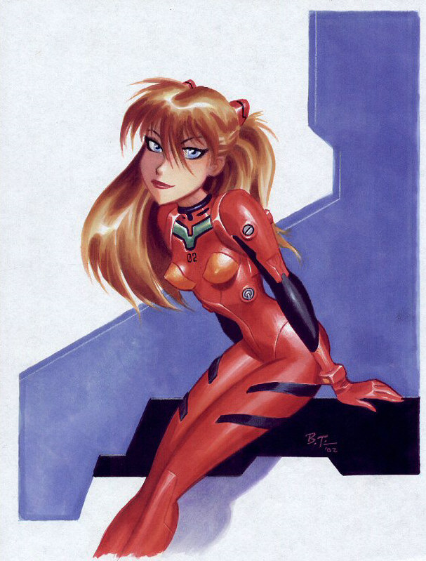 arm_support bangs blue_eyes bodysuit bracer breasts brown_hair bruce_timm closed_mouth covered_nipples dated gloves hair_between_eyes headgear leaning_forward legs_together light_smile lips lipstick long_hair makeup neon_genesis_evangelion number pilot_suit plugsuit red_lipstick shadow signature sitting skinny small_breasts smile solo souryuu_asuka_langley traditional_media two_side_up