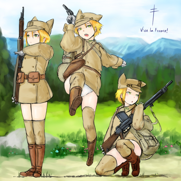 adapted_uniform animal_ears bad_id bad_pixiv_id boots coh copyright_request fm_24/29 france gun hat holster mars_expedition mas-36 military military_uniform modele_1892 multiple_girls panties pantyshot pantyshot_(standing) soldier standing thighhighs underwear uniform weapon world_war_ii