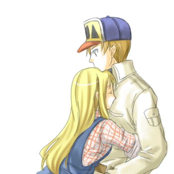 1boy 1girl artist_request blonde_hair claire_(harvest_moon) couple face_in_chest female gray_(harvest_moon) harvest_moon hug light_brown_hair long_hair lowres male