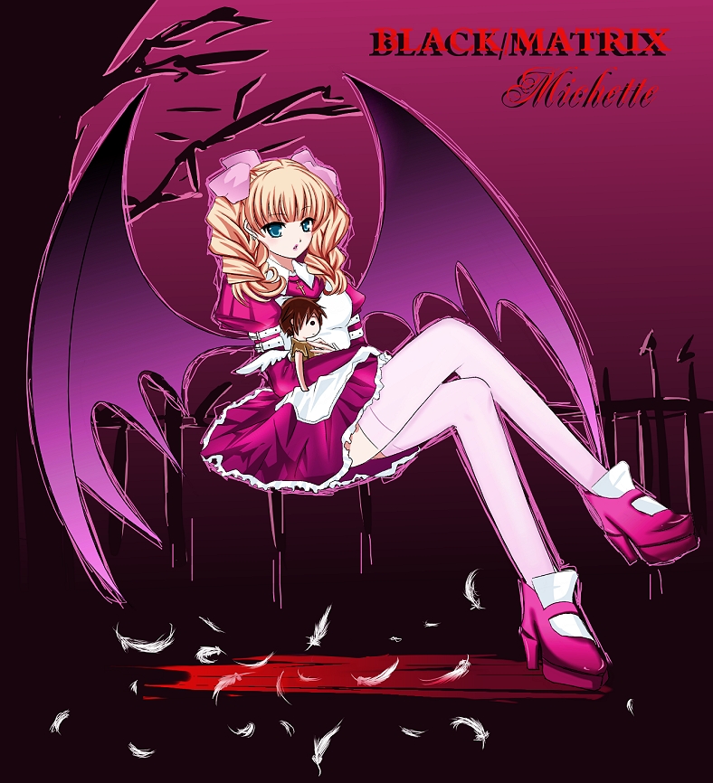 bad_id bad_pixiv_id black/matrix bow crossed_legs michette pink_bow shii_(niku-9) sitting solo thighhighs