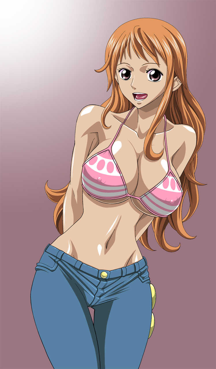 :d alternate_hairstyle areolae arms_behind_back bangs bikini_top breasts cleavage covered_nipples denim highres jeans jpeg_artifacts large_breasts leaning long_hair lowleg midriff nami_(one_piece) narrow_waist navel nel-zel_formula one_piece open_mouth orange_hair pants pink_eyes shiny shiny_skin simple_background smile solo standing thigh_gap underboob wide_hips