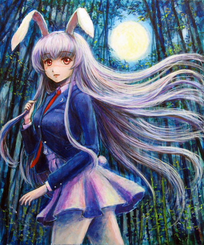 animal_ears bamboo bamboo_forest blazer bunny_ears bunny_tail forest full_moon jacket long_hair md5_mismatch miniskirt moon nature necktie night oil_painting_(medium) purple_hair red_eyes red_neckwear reisen_udongein_inaba sketch skirt solo tafuto tail touhou traditional_media very_long_hair