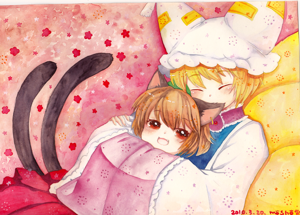 :3 :d animal_ears blonde_hair blush brown_hair cat_ears cat_tail chen dated fang fox_tail hands_in_opposite_sleeves happy hat hug hug_from_behind jewelry mosho multiple_girls multiple_tails no_hat no_headwear open_mouth red_eyes signature single_earring smile tail touhou traditional_media watercolor_(medium) yakumo_ran