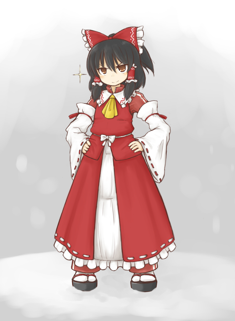&gt;:) adapted_costume alternate_costume ascot black_hair bow brown_eyes clog_sandals detached_sleeves hair_bow hakurei_reimu hands_on_hips jacket nice pants short_hair smile solo sparkle touhou track_jacket track_pants track_suit v-shaped_eyebrows