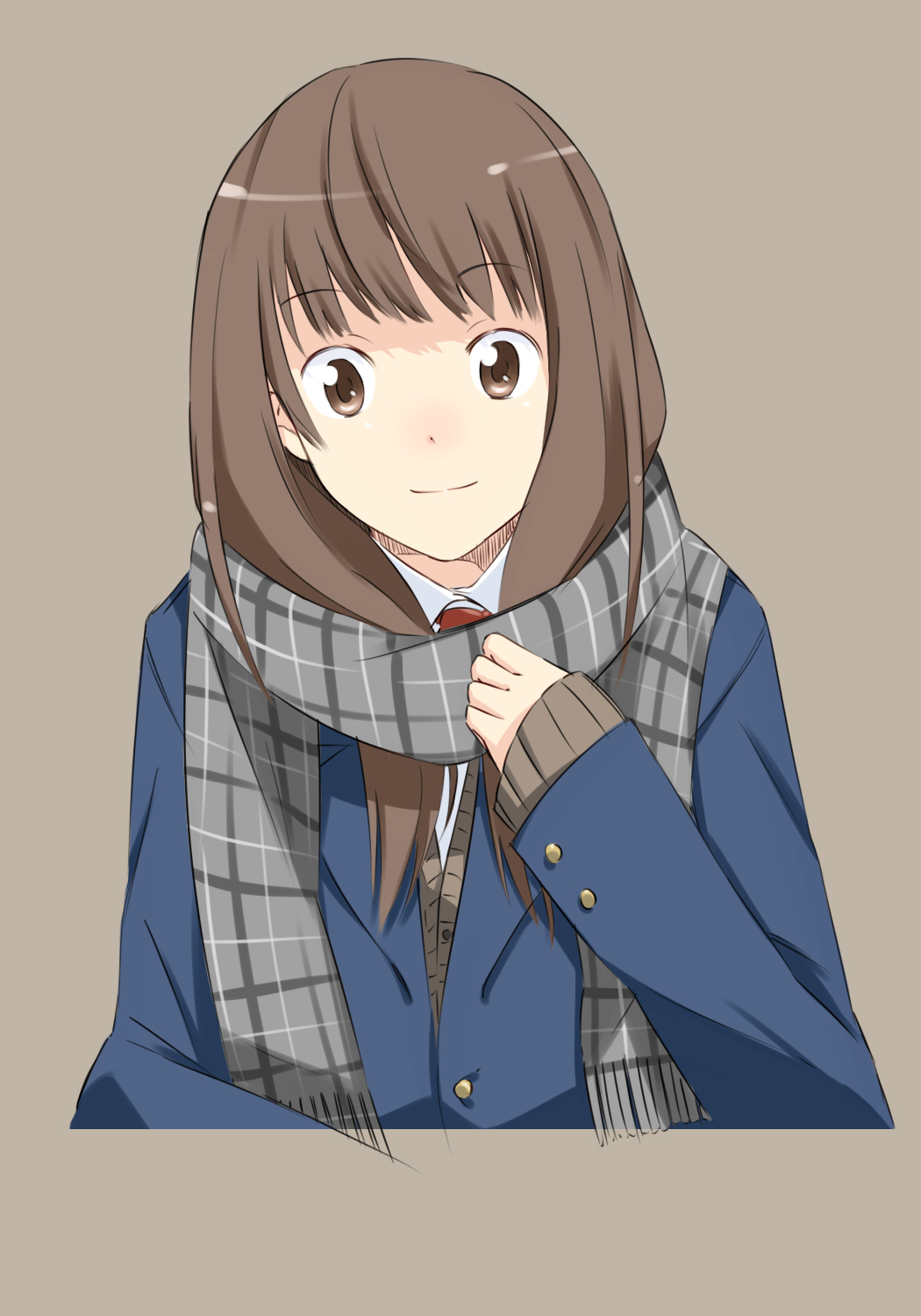 bad_id bad_pixiv_id bangs blazer brown_eyes brown_hair face highres jacket mousou_(mousou_temporary) necktie original plaid plaid_scarf scarf simple_background smile solo