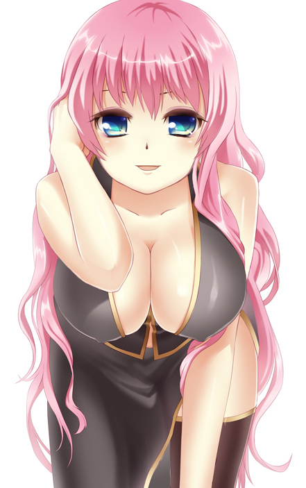 bad_id bad_pixiv_id bare_shoulders black_legwear blue_eyes blush breasts cleavage covered_nipples large_breasts leaning_forward long_hair looking_at_viewer megurine_luka open_mouth pink_hair shiny shiny_skin shiramori_yuse smile solo thighhighs very_long_hair vocaloid