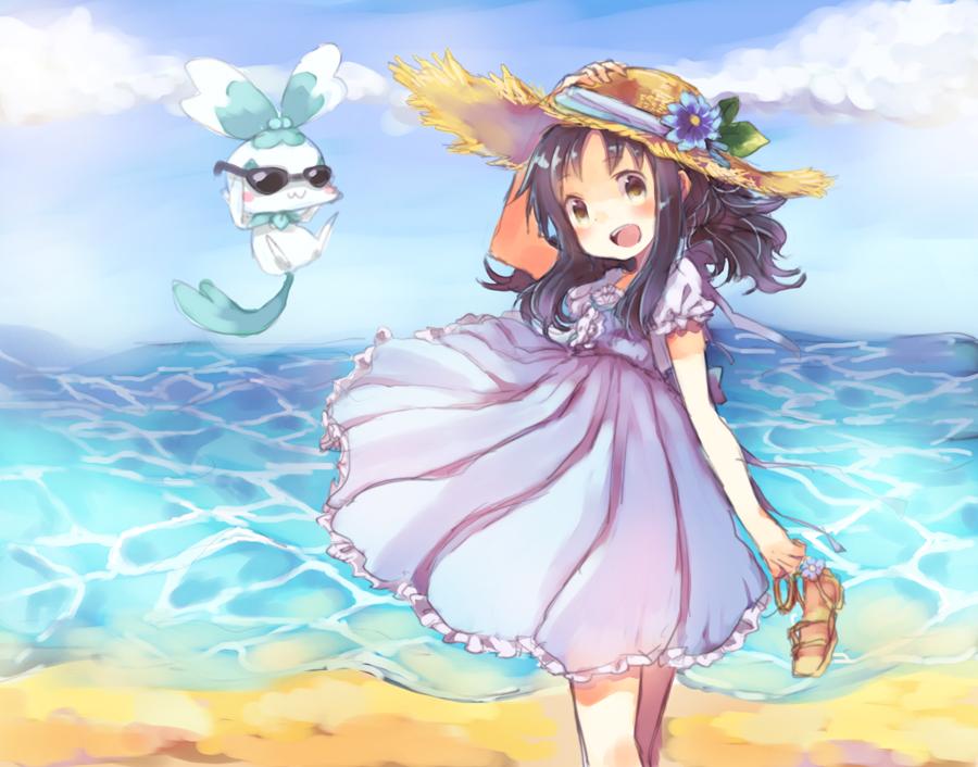 :3 :d bad_id bad_pixiv_id beach cloud coffret_(heartcatch_precure!) day dress flower hat hat_flower heartcatch_precure! holding holding_shoes kurumi_erika looking_back miya_(tsumazukanai) ocean open_mouth outdoors precure sandals shoes sky smile solo straw_hat sun_hat sunglasses