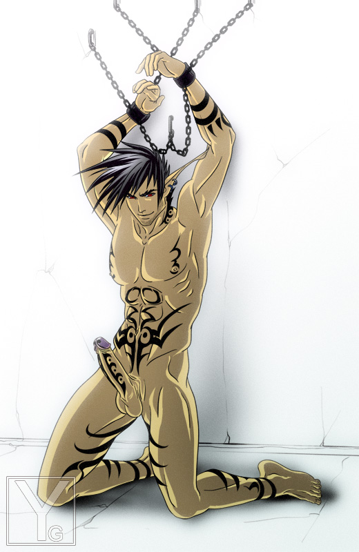 anime_hair chains commission elf male muscle nude penis_piercing penis_tattoo red_eyes tattoos tied yanagoya