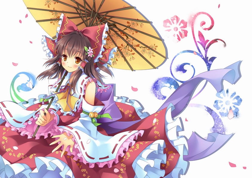 bare_shoulders bell blush bow brown_hair colorful detached_sleeves embellished_costume floral_print frills hair_bow hair_ornament hair_tubes hakurei_reimu jingle_bell large_bow looking_at_viewer orange_eyes oriental_umbrella outstretched_hand ribbon rie_(reverie) short_hair solo touhou umbrella