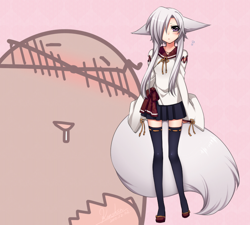 aika_(konshin) animal_ears artist_self-insert black_legwear blush drooling fictional_persona fox_ears fox_tail konshin long_hair mole_(animal) open_mouth original purple_eyes skirt solo tail thighhighs white_hair