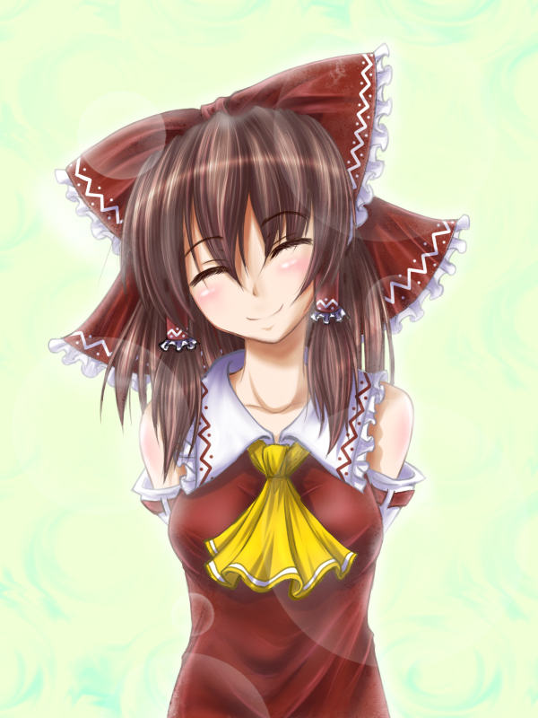 arms_behind_back bare_shoulders blush bow breasts brown_hair hair_bow hakurei_reimu head_tilt lens_flare medium_breasts negamaro shirt smile solo taut_clothes taut_shirt touhou