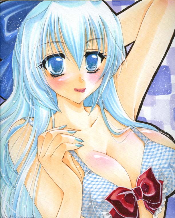 :p alternate_breast_size alternate_hair_length alternate_hairstyle arm_up bad_id bad_pixiv_id bikini blue_eyes blue_hair blush bow breasts cirno hair_bow large_breasts long_hair mitsuba_(threeleaf) older pastel_(medium) solo swimsuit tongue tongue_out touhou traditional_media upper_body