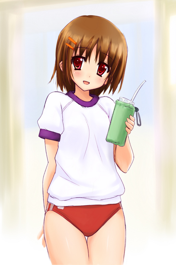 :d brown_hair buruma copyright_request drink drinking_straw gym_uniform hair_ornament hairclip itoji open_mouth red_eyes smile solo
