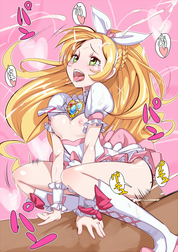 1girl ahegao blonde_hair boots bow breastless_clothes breasts cowgirl_position cum cure_rhythm dress girl_on_top green_eyes hair_bow happy_sex heart hetero knee_boots long_hair magical_girl minamino_kanade nipples no_bra orgasm petite precure ribbon sex small_breasts solo_focus spoken_heart straddling suite_precure tears tongue white_dress zaitsu