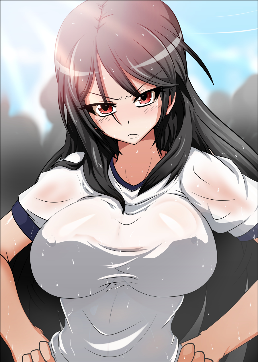 bad_id bad_pixiv_id black_hair blush breasts frown fukiyose_seiri hands_on_hips highres large_breasts long_hair nipples no_bra open_mouth red_eyes see-through solo to_aru_majutsu_no_index tony_man+ wet