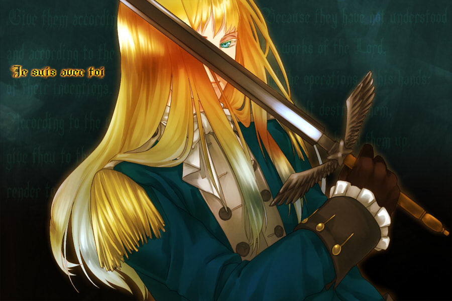 bad_id bad_pixiv_id blonde_hair d'eon_de_beaumont gloves le_chevalier_d'eon long_hair male_focus o_ina17 solo sword weapon