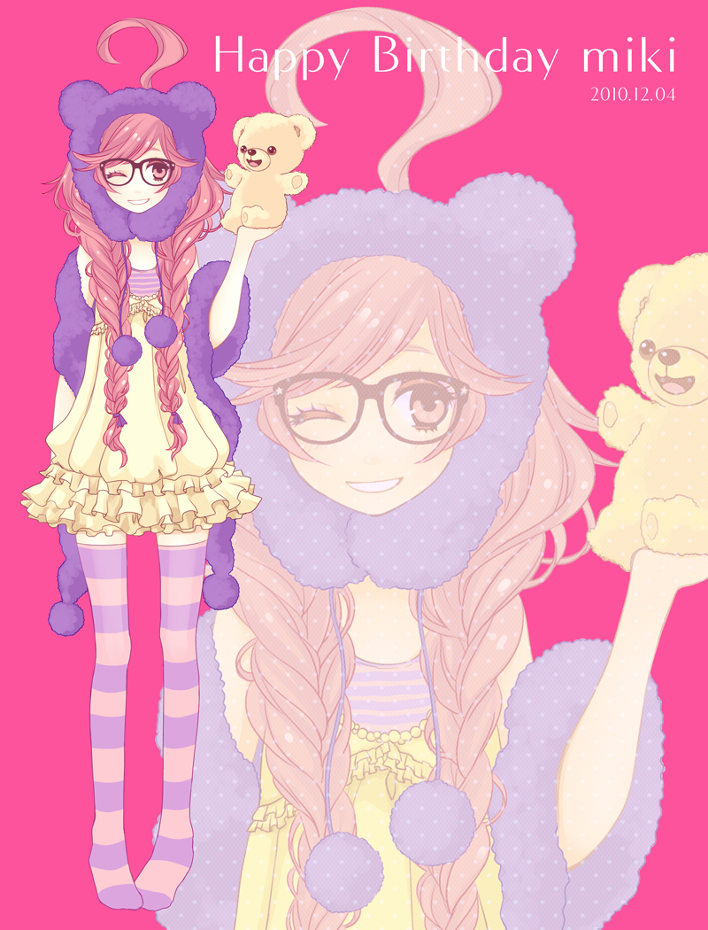ahoge bad_id bad_pixiv_id bespectacled braid glasses long_hair multicolored multicolored_clothes multicolored_legwear one_eye_closed red_eyes red_hair sf-a2_miki smile snuggle_(brand) snuggle_bear solo striped striped_legwear thighhighs twin_braids vocaloid wogura zettai_ryouiki zoom_layer