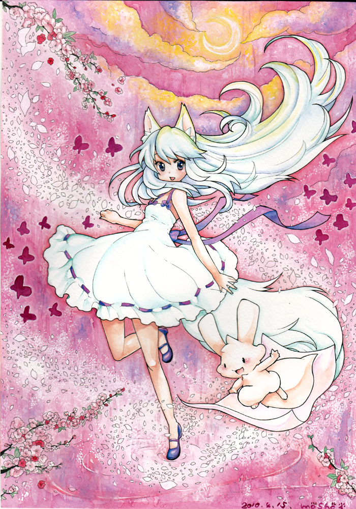 animal_ears bare_shoulders bug bunny butterfly cherry_blossoms crescent_moon dated dress insect long_hair mary_janes millipen_(medium) moon mosho no_socks original petals pink purple_eyes ribbon shoes signature solo standing standing_on_one_leg tail traditional_media watercolor_(medium) white_dress white_hair wolf_ears wolf_tail