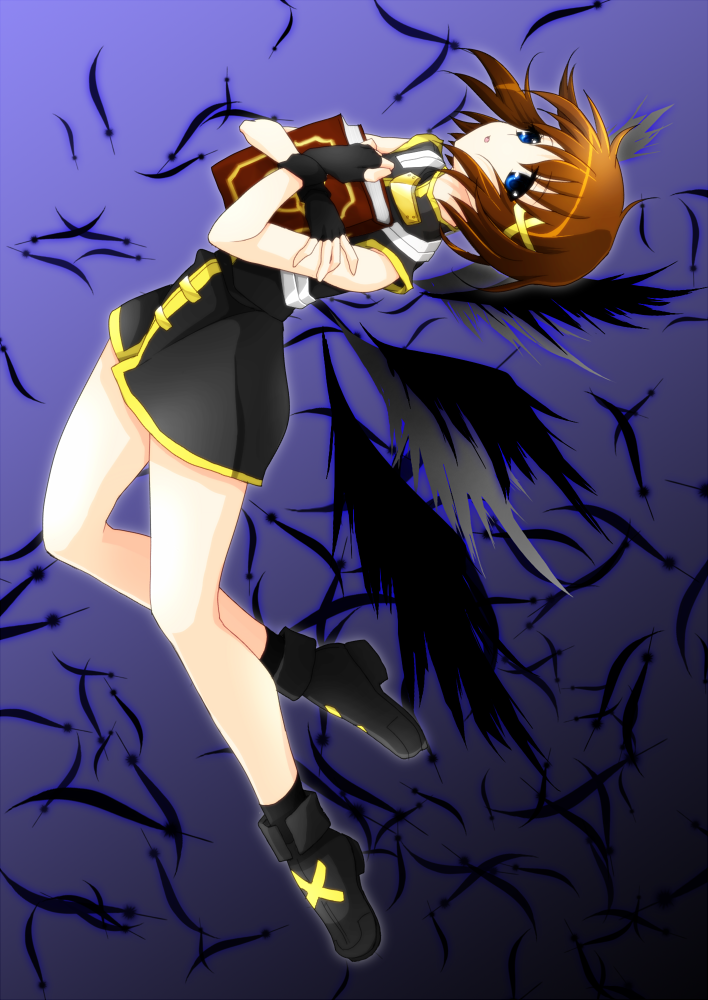 blue_eyes brown_hair hair_ornament lyrical_nanoha mahou_shoujo_lyrical_nanoha mahou_shoujo_lyrical_nanoha_a's mahou_shoujo_lyrical_nanoha_strikers open_mouth sattan short_hair solo wings x_hair_ornament yagami_hayate