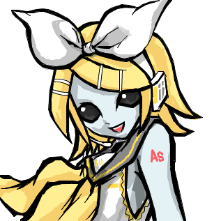 black_eyes black_sclera blonde_hair blue_skin detached_sleeves hair_ornament hair_ribbon hairclip headset kagamine_hiso kagamine_rin lowres niconico no_eyebrows open_mouth ribbon simple_background solo upper_body vocaloid
