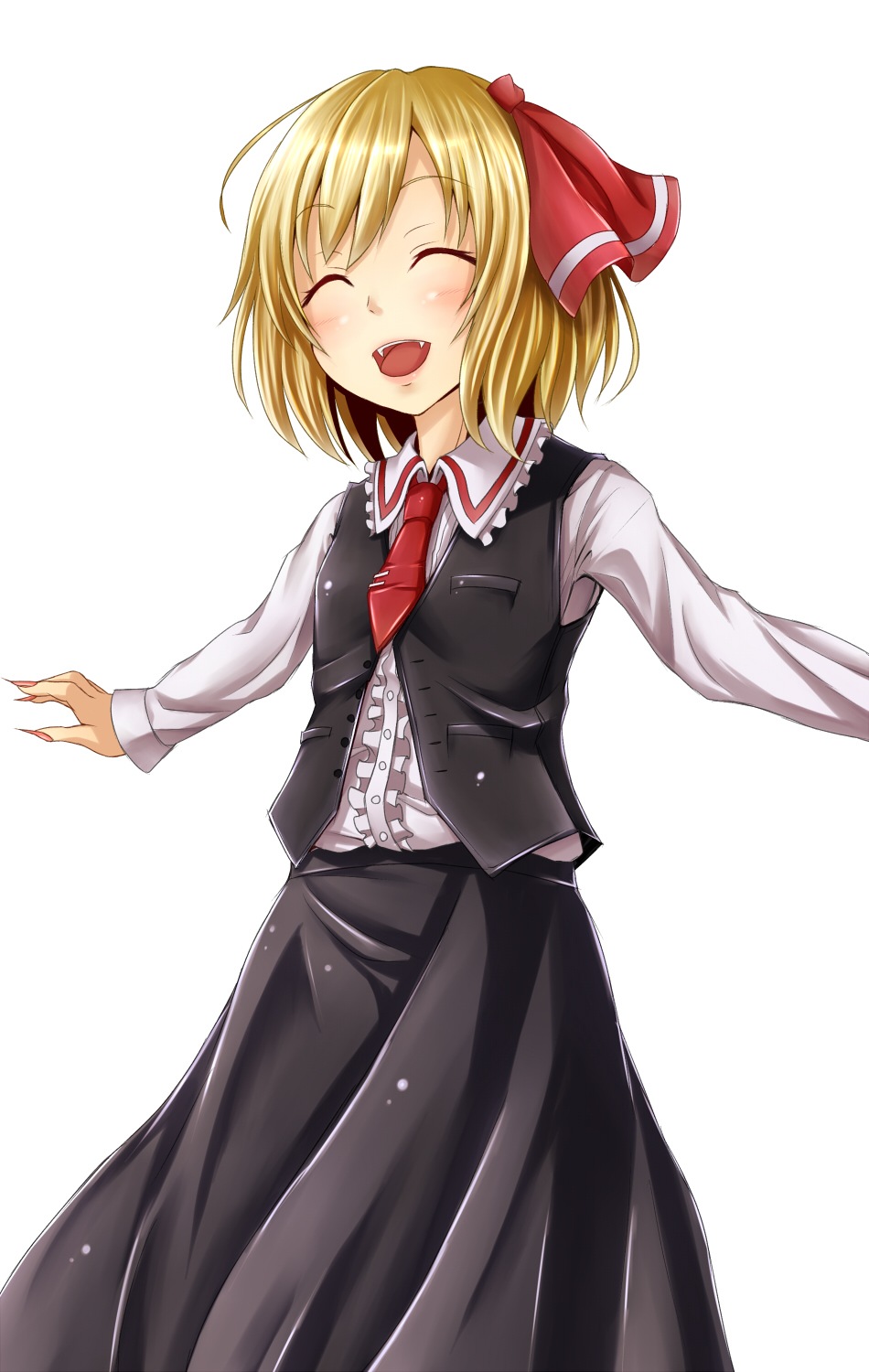 blonde_hair closed_eyes dabadhi fangs hair_ribbon highres necktie red_neckwear ribbon rumia smile solo touhou