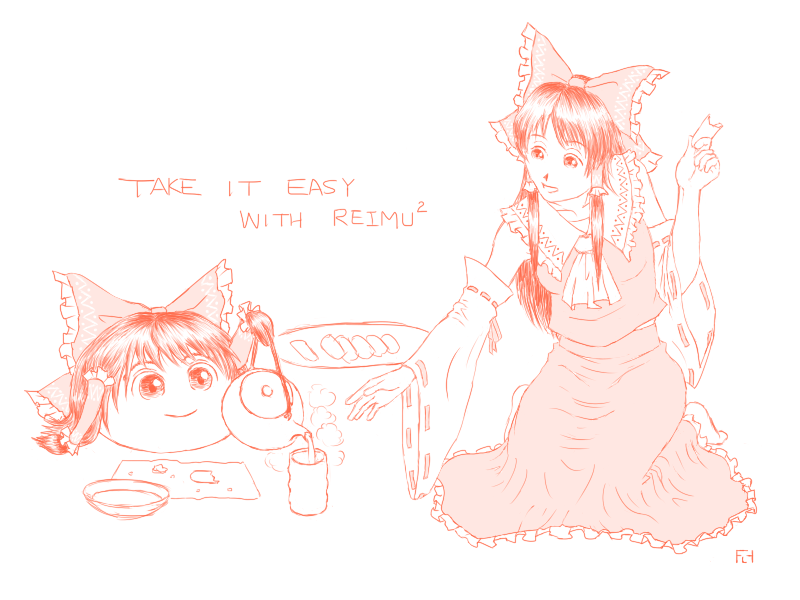 female hakurei_reimu happy sitting tea touhou yukkuri_reimu yukkuri_shiteitte_ne