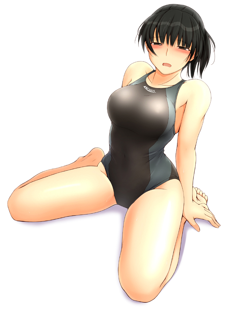 amagami barefoot black_eyes black_hair blush breasts competition_swimsuit large_breasts one-piece_swimsuit ponytail sasaki_akira_(ugc) short_hair sitting solo swimsuit tsukahara_hibiki wariza