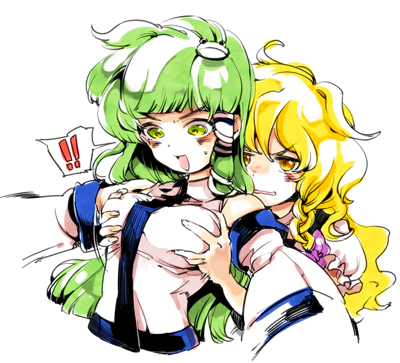 2girls blonde_hair bow braid breast_envy breast_grab breasts detached_sleeves face frog grabbing green_eyes grey_hair groping hair_bow hair_ornament hands kirisame_marisa kochiya_sanae long_hair medium_breasts multiple_girls open_mouth snake touhou yellow_eyes yukizen