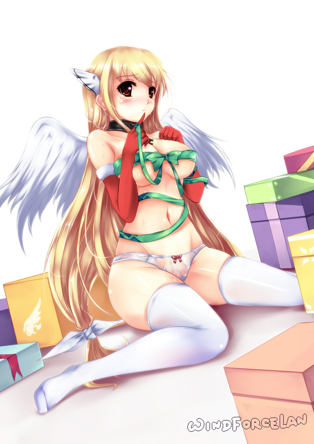 angel_wings astraea bare_shoulders blonde_hair blush breasts cleavage hair_ornament large_breasts long_hair ribbon see-through solo sora_no_otoshimono tears thighhighs white_legwear windforcelan wings