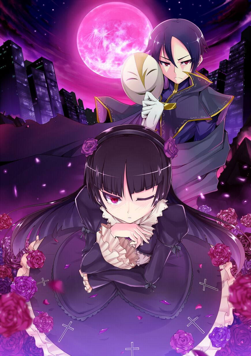 1girl black_hair building cloud cosplay cross dress flower frills full_moon gokou_ruri gothic_lolita highres kasai_shin kousaka_kyousuke lolita_fashion long_hair lucifer_(oreimo) lucifer_(oreimo)_(cosplay) maschera_~datenshi-shita_kemono_no_doukoku~ mask moon night night_sky one_eye_closed ore_no_imouto_ga_konna_ni_kawaii_wake_ga_nai petals pink_eyes purple_flower purple_rose red_eyes red_moon rose sky