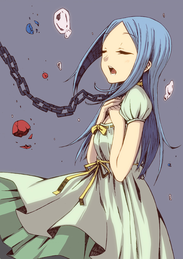 bad_id bad_pixiv_id bdsm blue_hair blush bondage bound bow chain chika_(orange_pop) closed_eyes collar hands_together kita_no_miko long_hair music open_mouth ribbon singing slave solo star_driver water