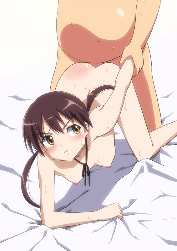 1girl arm_grab arm_held_back bed_sheet blush breasts brown_eyes brown_hair doggystyle fat fat_man gertrud_barkhorn hetero long_hair medium_breasts nekomimi_kanon nipples nude sex sheet_grab solo_focus strike_witches sweat tears twintails wavy_mouth world_witches_series
