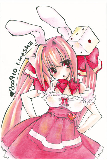 :o animal_ears bare_shoulders bow bowtie breasts bunny_ears cleavage colored_pencil_(medium) covered_nipples dated di_gi_charat dice dice_hair_ornament dress frown hair_bow hair_ornament hands_on_hips head_tilt heart long_hair looking_at_viewer medium_breasts mosho pink_hair red_eyes signature solo traditional_media twintails usada_hikaru very_long_hair