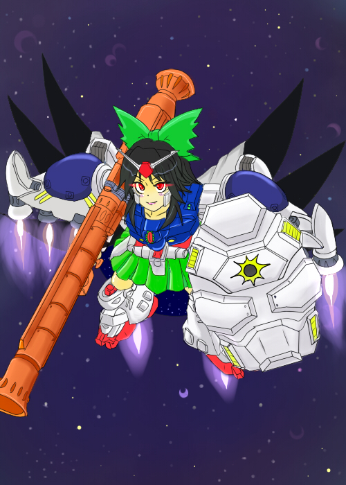 1girl bazooka black_hair black_wings bow cape glowing glowing_eyes gundam gundam_0083 gundam_gp-02_physalis hair_bow long_hair mecha_musume parody red_eyes reiuji_utsuho shield space touhou weapon wings