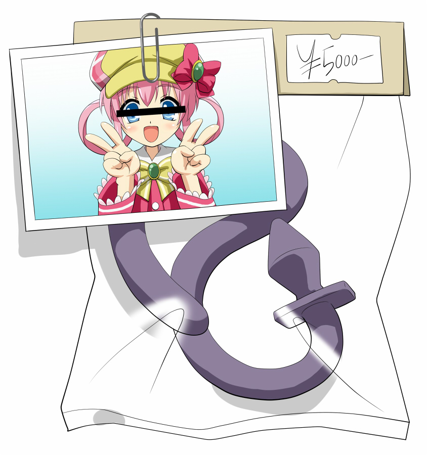 1girl bar_censor blue_eyes butt_plug buttplug buttplug_tail censor_bar censored hat open_mouth photo photograph pink_hair price_tag sherlock_shellingford tail tantei_opera_milky_holmes twintails