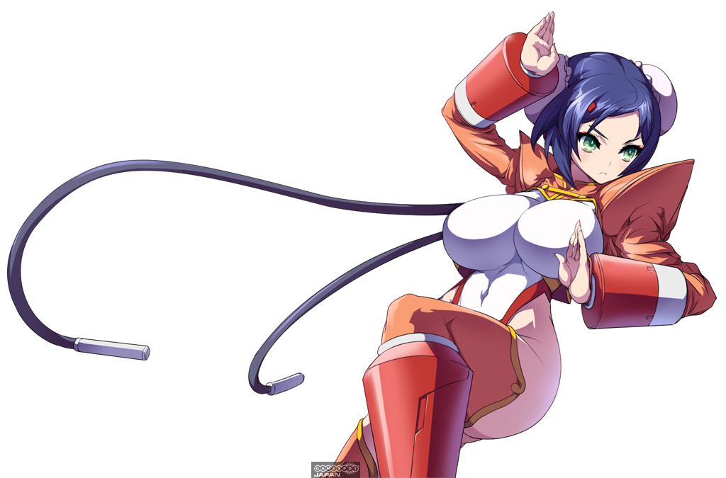 android arcana_heart blue_hair breasts bun_cover cable double_bun fighting_stance green_eyes hair_ornament hairclip huge_breasts large_breasts leotard mei-fang official_art short_hair shrug_(clothing) solo thighhighs watermark